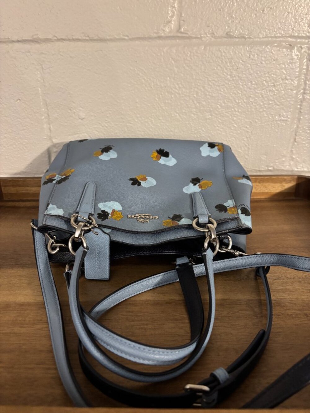 Coach Minetta Light Blue Navy Blue Floral 2 Way Leather Satchel Crossbody - Picture 5 of 11